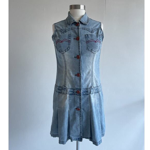 Vtg Y2K Denim Button Up Pleated Mini Dress QZYZ Sleeveless Size L - Picture 1 of 9